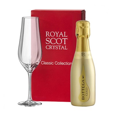 Mini Bottega Gold Prosecco Brut 20cl and Royal Scot Classic Collection Flute In Red Gift Box